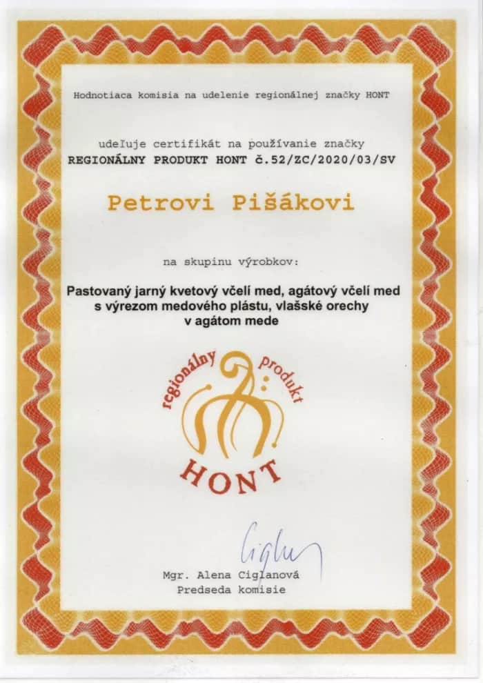 Certifikát na používanie značky REGIONÁLNY PRODUKT HONT 2020 - Certifikát