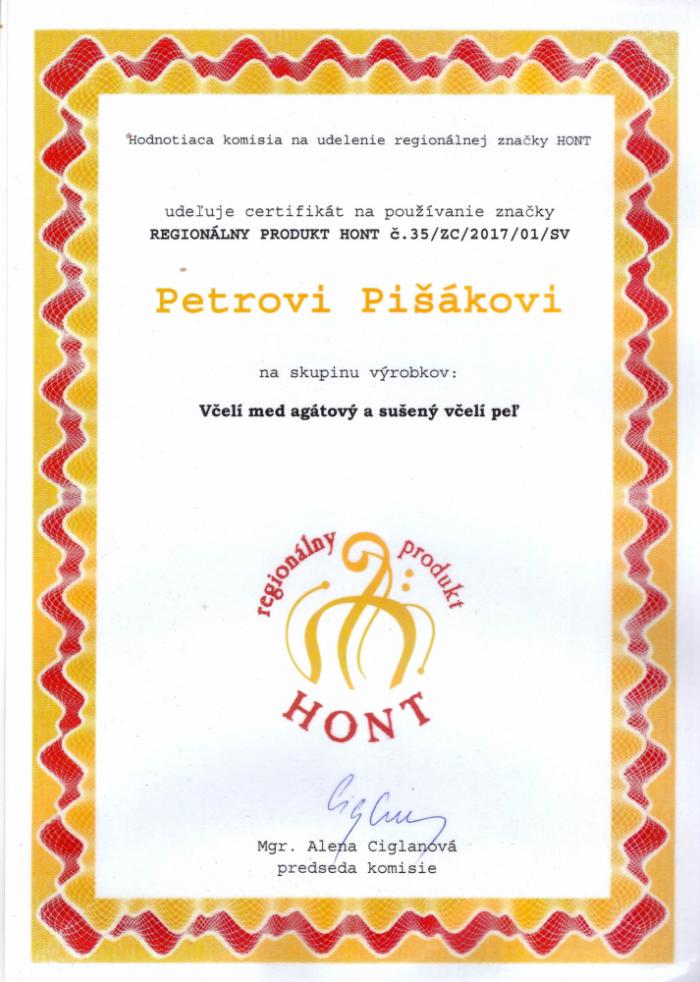 Certifikát na používanie značky  REGIONÁLNY PRODUKT HONT - Certifikát