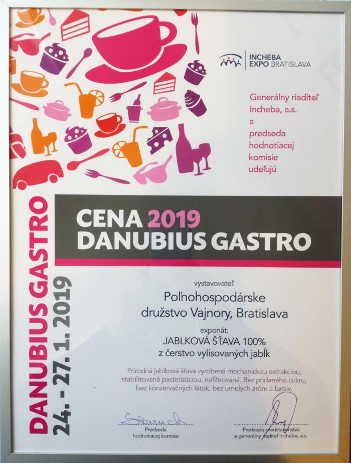 Ocenenie pre našu 100% jablkovú šťavu získané na gastronomickom veľtrhu Danubius Gastro 2019 - Poľnohospodárske družstvo Vajnory - Poľnohospodárske družstvo Vajnory